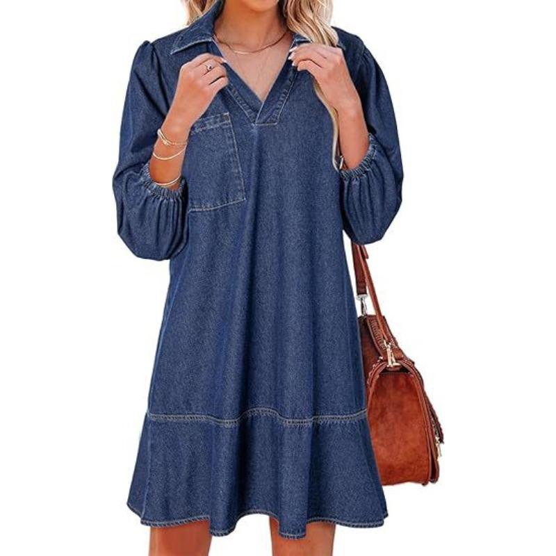 European and American foreign trade denim dress new loose top group casual V-neck seven-point bubble sleeves