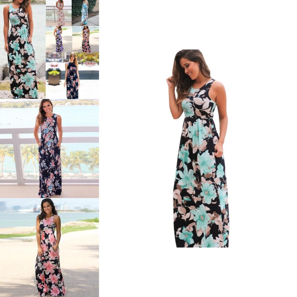 Elegantes Damen Sommer Boho Kleid Floral Ärmellos Strand Maxi Lang Sommerkleid Für Jeden Anlass