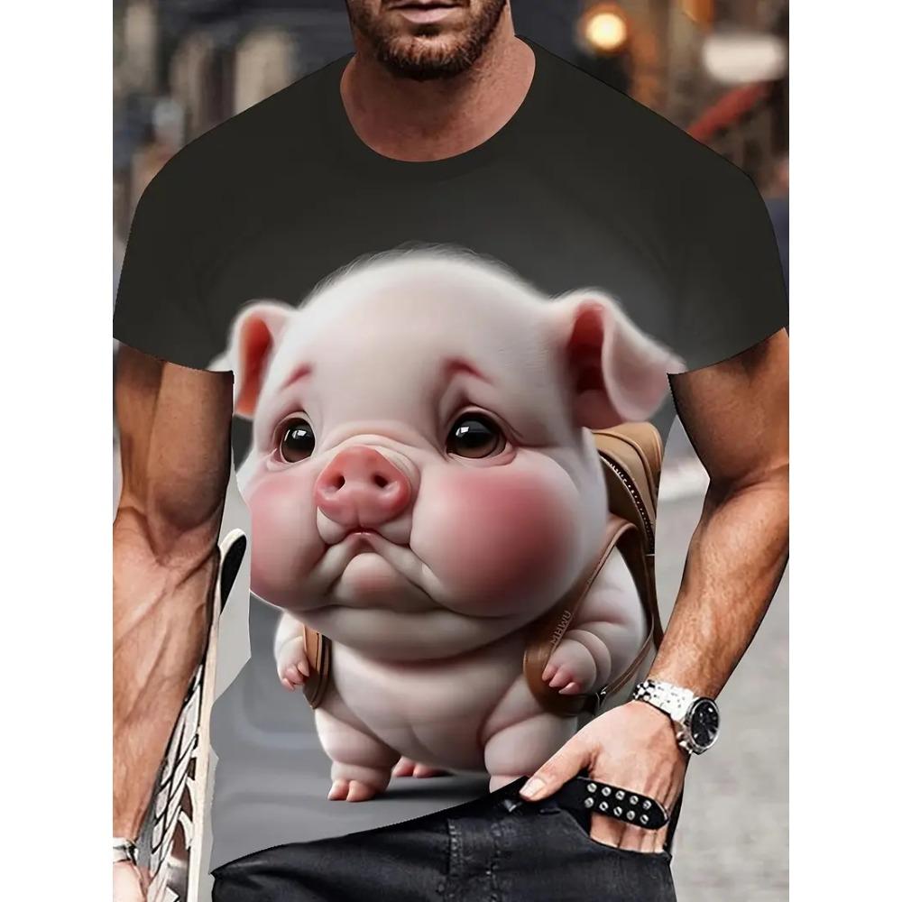 Full Print Men's Funny Pig Graphic T-Shirt Clothes Summer Short Sleeve Round Neck Casual T Shirts Top Men Novelty Animal Tshirts