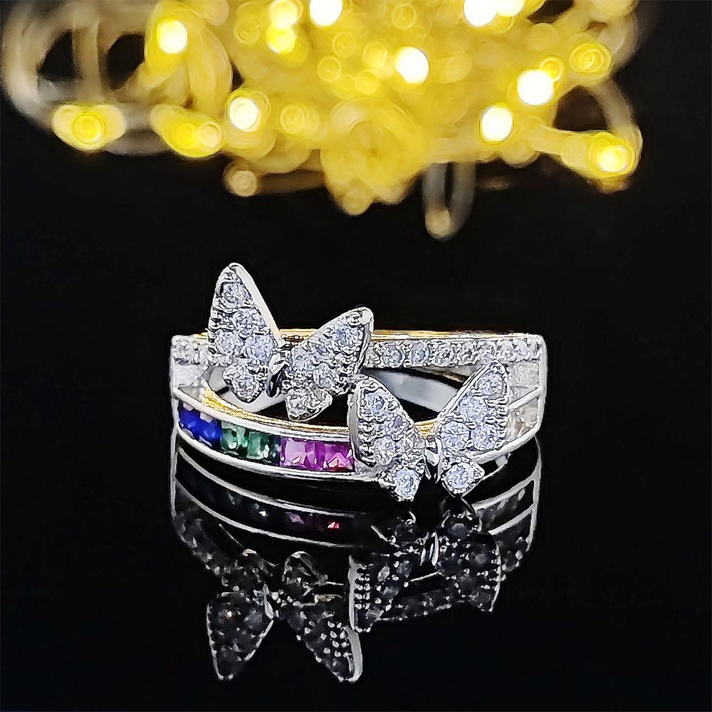 

Korean Fashion Double Row Butterfly Ring with Rainbow Zircon Size 7