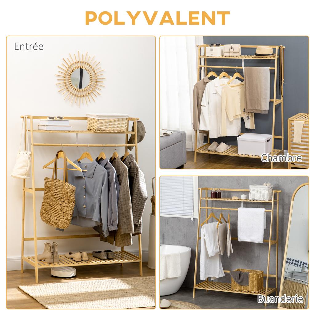Clothes Rack Wardrobe Coat Stand With 2 Shelves 2 Hooks And 1 Hanging Bar In Bamboo