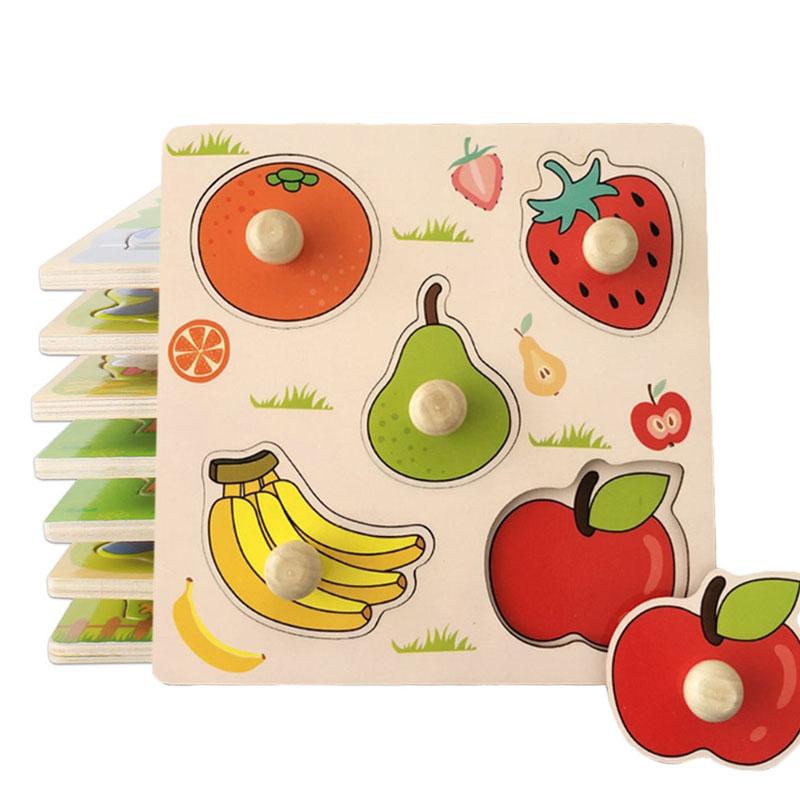 Montessori Holzpuzzles Baby Lernspielzeug Handgreifbretter Tangram Zeichentricktiere Früchte 3D Puzzles für Babys 2 3 Jahre