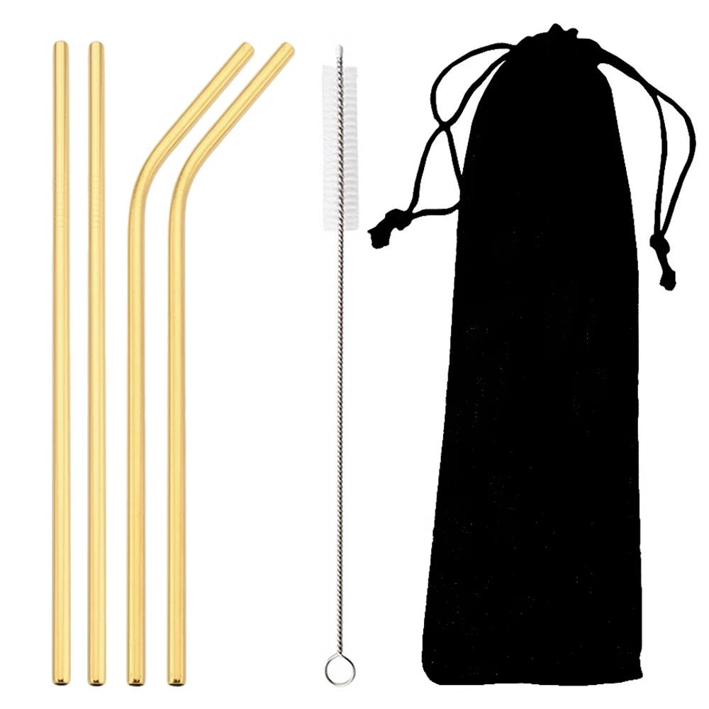 Gold Stainless Steel Straw Set Gold Reusable Straw Straight Bent Drinking Straw With Bag Cleaning Brush Home Bar Accessory