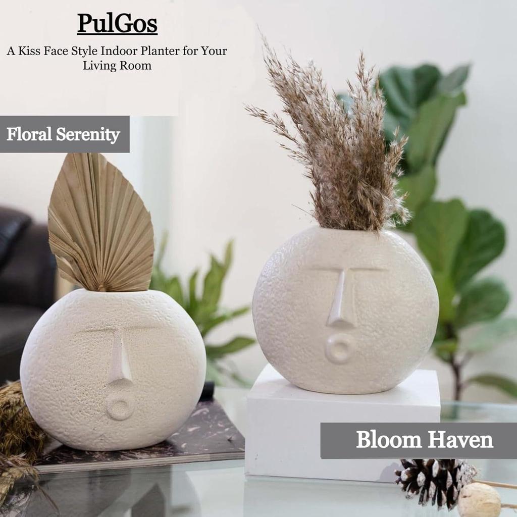 Ceramic White 'Kiss Face Vase' | Vases for Home Decor Decorative Vase for Dried Flowers and Pampas Grass - Set of 2