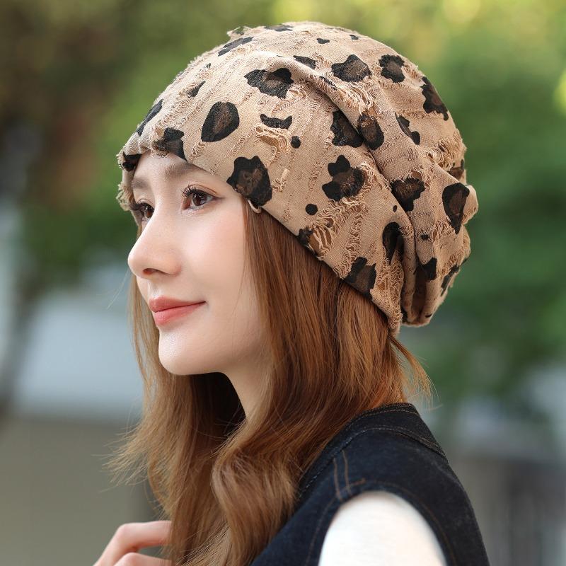 Women S Korean Style Distressed Leopard Print Slouchy Beanie Hat