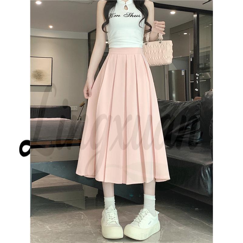 Chic Summer Pleated A-Line Skirt - Plus Size, Age-Reducing, Solid Color, Mid-Length