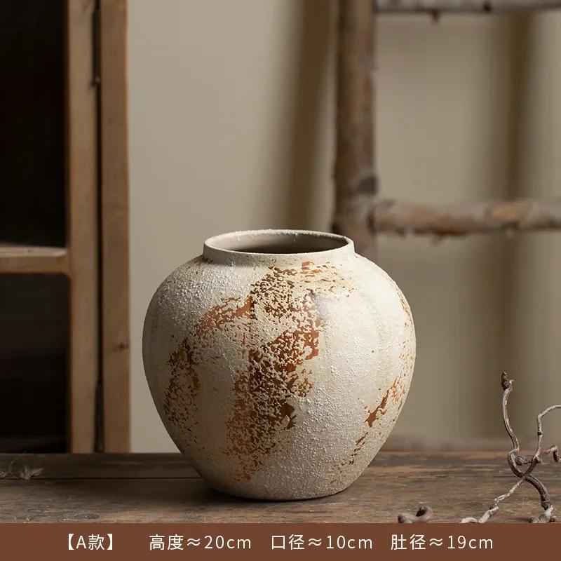 Chinese Decorative Ornaments and Ornaments Mottled Old Coarse Pottery Jar Entrance TV Cabinet Flower Arrangement Ceramic Vase