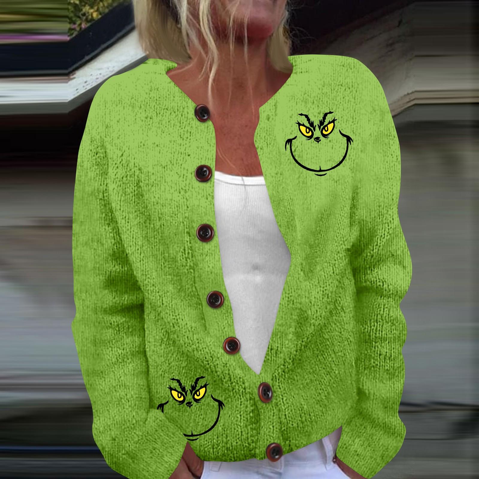 Women s Fashion Christmas Printed Long Sleeve Knitted Cardigan Button Down Jacket XXXL