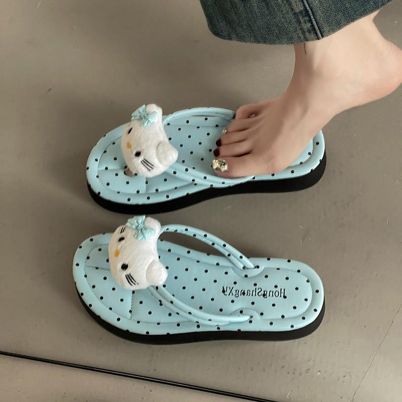 Fashion versatile polka dot kitten flat flip-flops women wear cute cartoon non-slip foot-pinch thick-soled sandals in summer