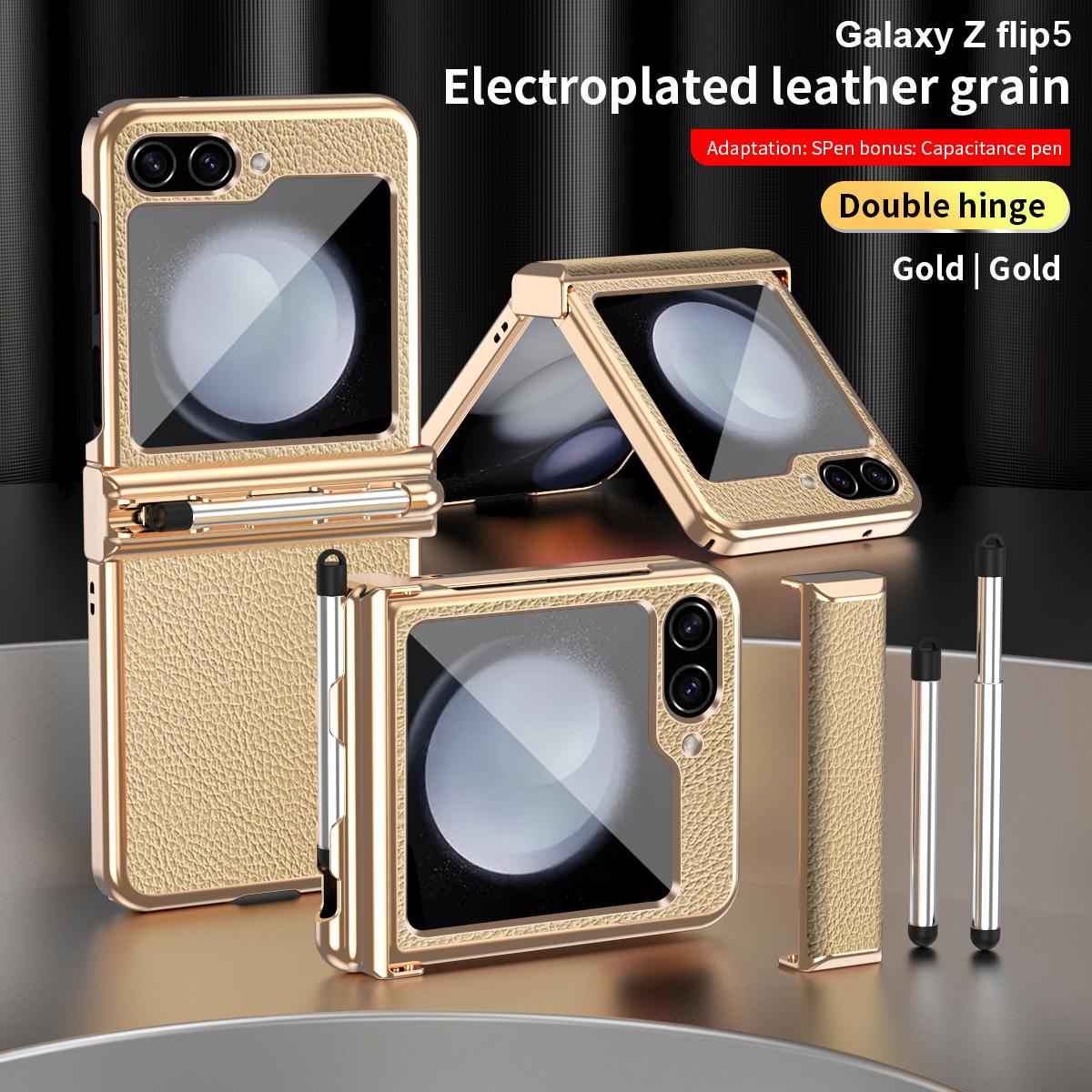 

Роскошный жесткий чехол из искусственной кожи с гальваническим покрытием для ПК, защитная крышка с 2 шарнирами для Samsung Galaxy Z Flip 5, чехол с сенсорной ручкой for Galaxy Z Flip 5