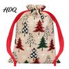 Reusable Holiday Bags Christmas Tree Print Drawstring Gift Bags Faux Linen Xmas Treat Bag Wrapping Candy & Apple Storage Pouch for