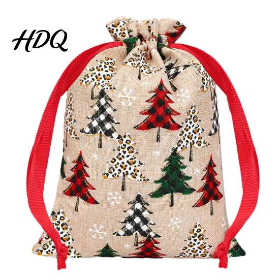 Reusable Holiday Bags Christmas Tree Print Drawstring Gift Bags Faux Linen Xmas Treat Bag Wrapping Candy & Apple Storage Pouch for