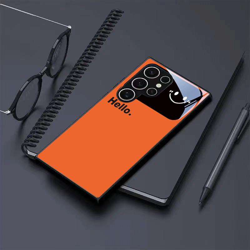 Orange Background Black Frame Glass Phone Case Suitable for Samsung Galaxy S26 S25 S24 S23 S22 S21 S20 FE/Ultra/Plus5G Anti Drop