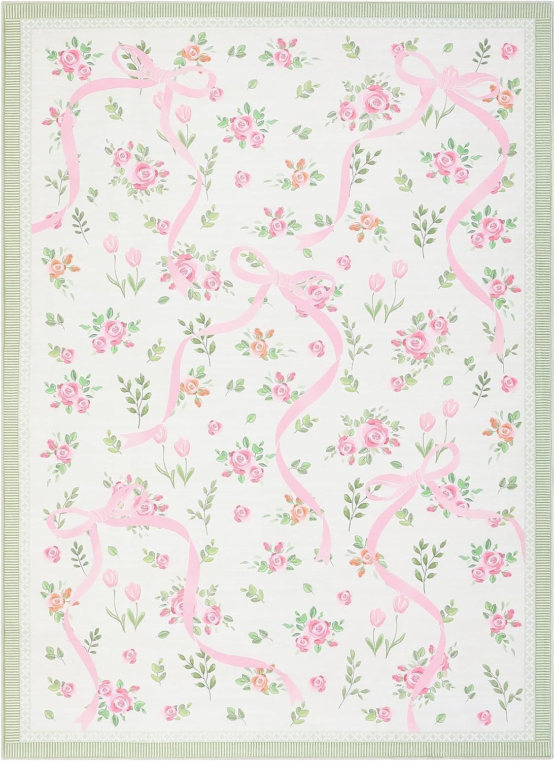

Pastoral Fresh Carpet Bow Ribbon Rose Print Girly Rug Daily Home Indoor Decor Anti-Slip Floor Mat for Bedroom Living Room 40x60cm