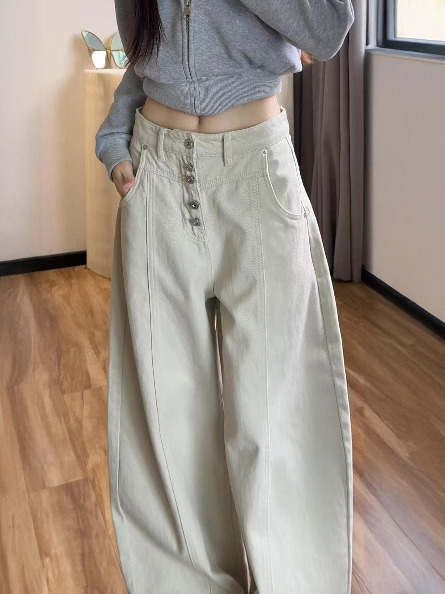Gray-white American Vintage Curved Knife Jeans for Women, Plus-size High-waisted Loose Wide-leg Pants High Waist Off-white Wide Leg Jeans S