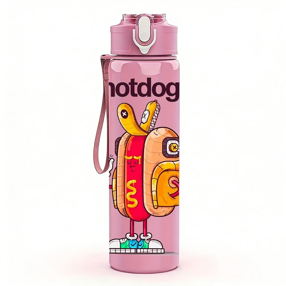 1PC Funny Hot Dog Cartoon Design 750ml Color Plastic Sports Water Bottle Leakproof Flip Straw Lid Suitable for Sports Office Home Use