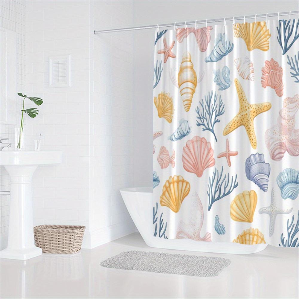 1Pc Coastal Shells Ocean Life Pattern Shower Curtain, Polyester Fabric, Machine Washable, Suitable For Bathroom Decoration