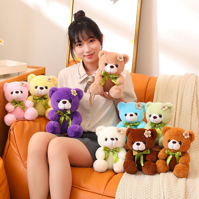 Cute Flower Ribbon Teddy Bear Plush Toy - Colorful Bear Doll Gift for Valentine's Day