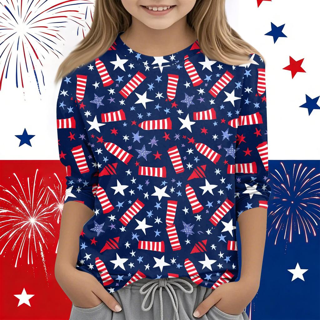 Print Tops For Youth Girls Round Neck 3/4 Sleeves T-Shirts Trendy Tops Outfit Tees Independence Day