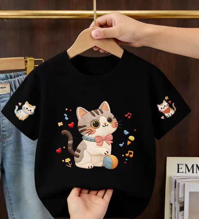 2026 Summer Children's Short-Sleeved Cute Cartoon Cat Print Baby Soft Cotton Multi-Purpose Loose-Fitting Breathable T-Shirt