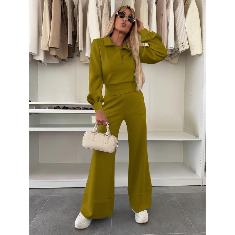 women's Solid Color Collared Long Sleeve Blouse High Waist Wide Leg Flare Pants 2 Piece Casual Tracksuit Set