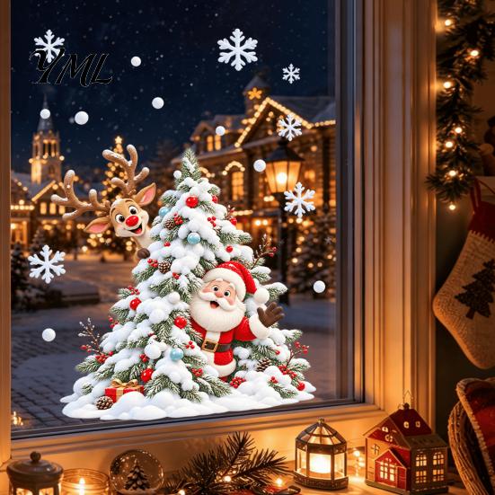 Removable Glass Stickers for Party Xmas Tree Santa Window Sticker, Static Cling Snowy Elk Waterproof PVC Christmas Decal Decal, Doors Windows Sticker