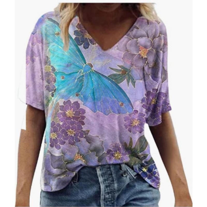 Summer V-neck 3D Feather Flower Printed Top Fashionable Casual Short Sleeved Women's T-shirts