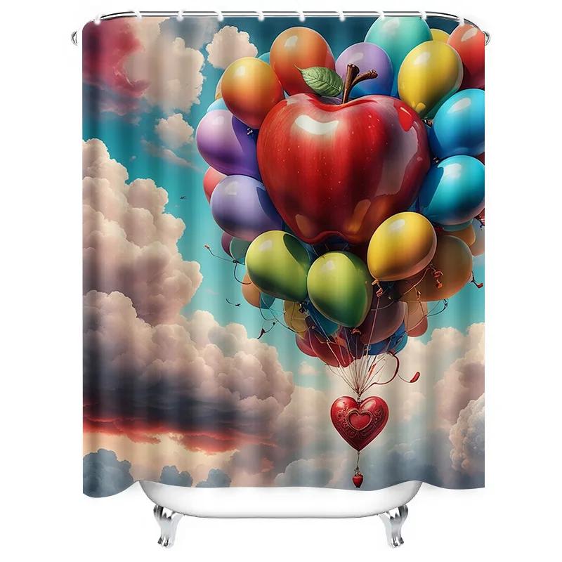Colorful Balloons and Apple Waterproof Shower Curtain, Artistic Design for Bathroom Decor, Enhances Whimsical Atmosphere