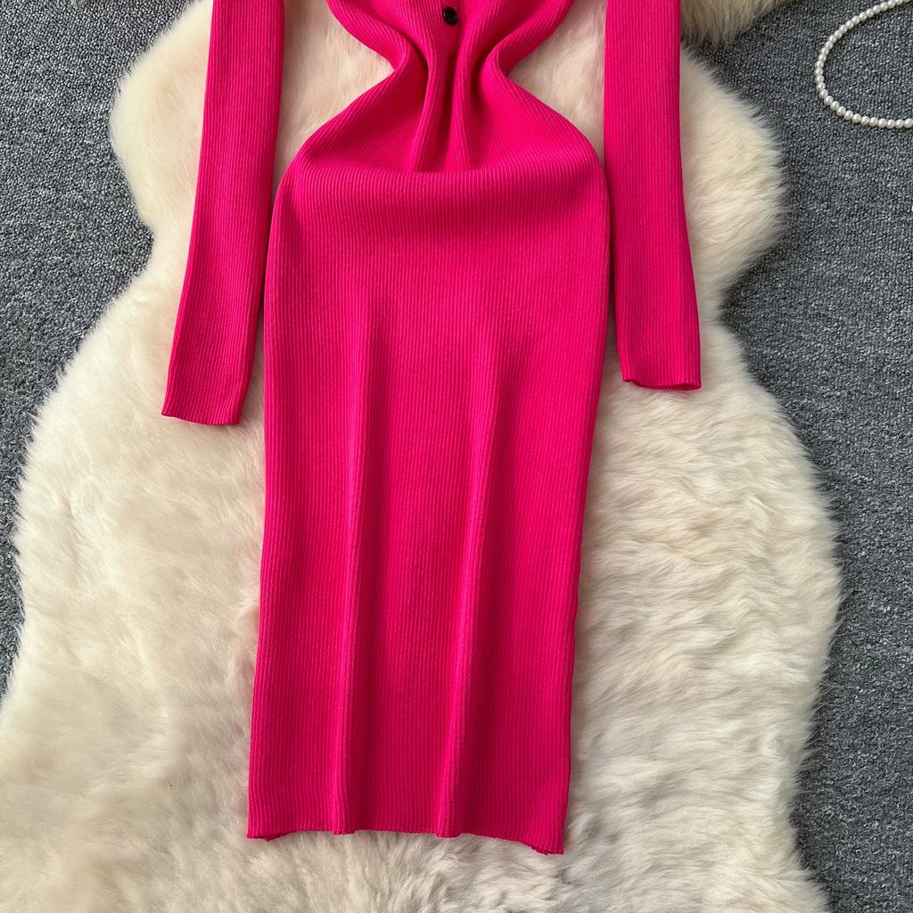 Φθινοπωρινό Χειμωνιάτικο Γυναικείο Κομψό Πλεκτό Πουλόβερ με Όρθιο Γιακά Εργασία Γραφείου Μακρύ Μίντι Στενό Φόρεμα Σωλήνας