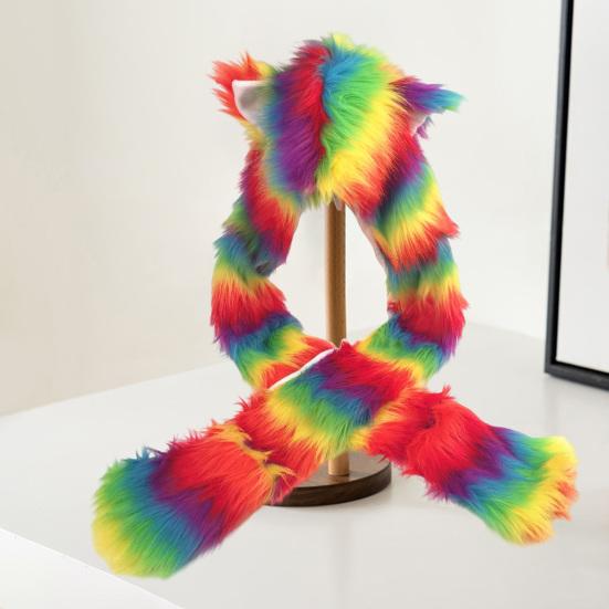 Women Hat Rainbow Color Imitation Fur 3 in 1 Hat Scarf Gloves Winter Warm Hat Home Outdoor Work Street Wear