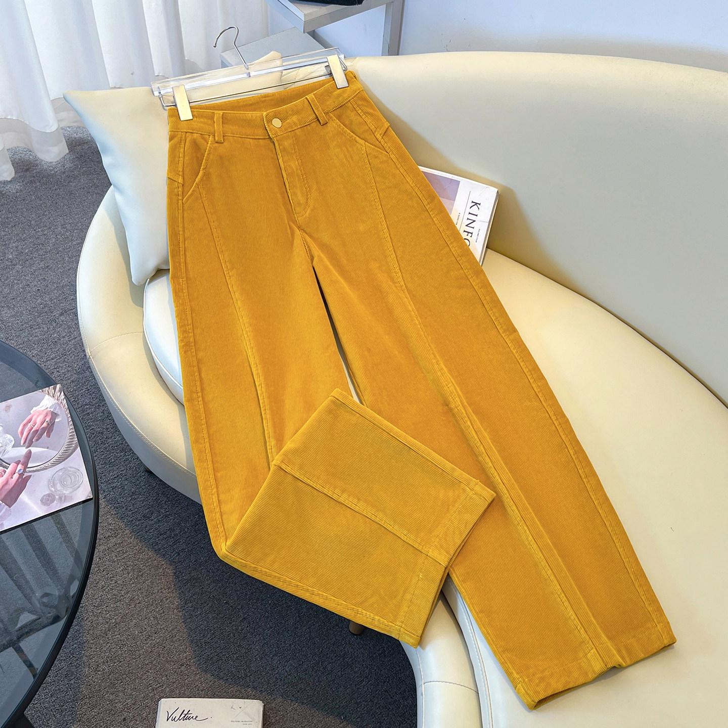 

Women s Yellow Corduroy Wide-Leg Pants with Fleece Lining, Curved Legs for 2026 Spring/Winter. 26