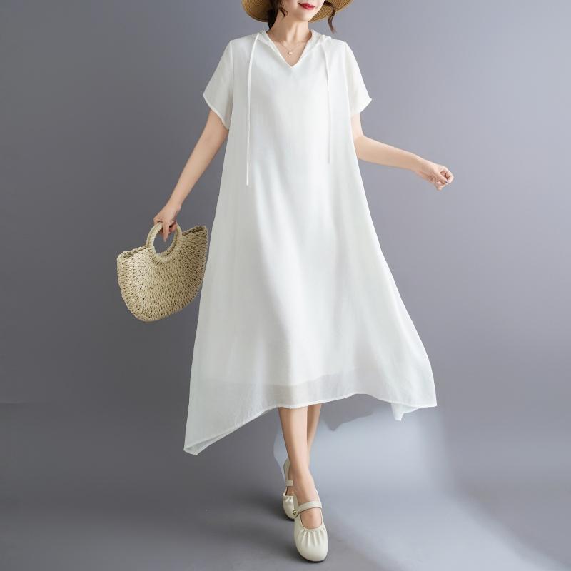 DIMANAF New 2025 Plus Size Summer Dress Women Solid Basic Vintage Casual Hooded Dress Loose Dress Maxi