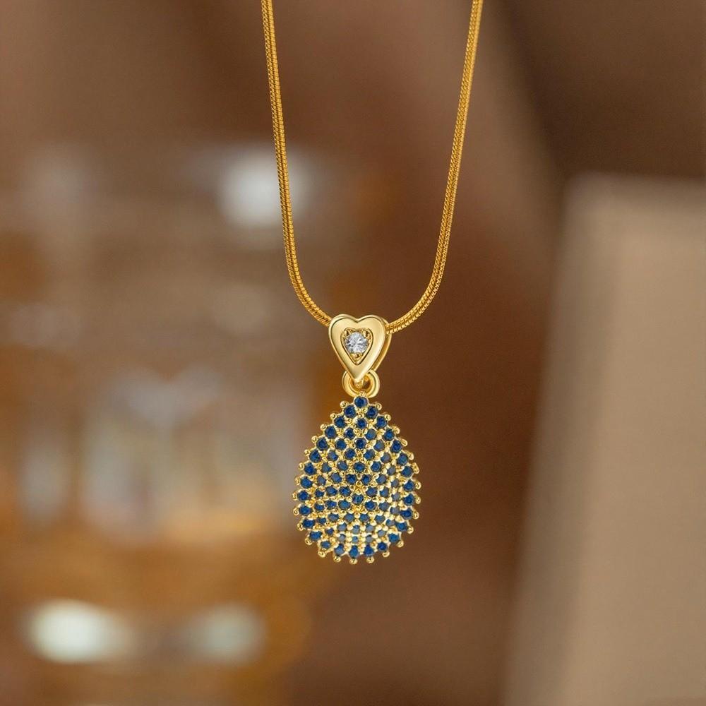 Simple Water Droplet Pendant Necklace Versatile Sparkling Clavicle Chain  Women s Daily Wearing синий