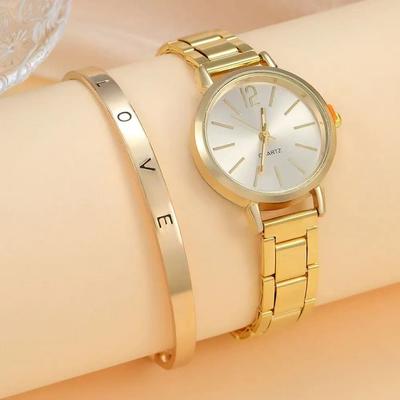 2025 Mode Damen Elegante Uhr Lässig Schlicht Stahlarmband Quarzuhr Liebesarmband 2er-Set Temperament Trage-Stil