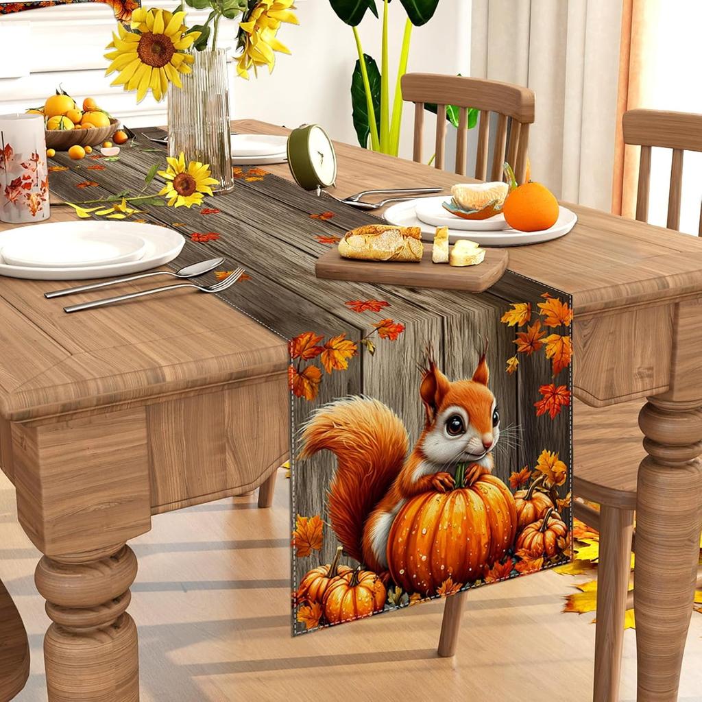 Pumpkin Squirrel Fall Table Runner 72 Inch Seasonal Autumn Thanksgiving Kitchen Dining Room Table Decorations for Home Party Decor