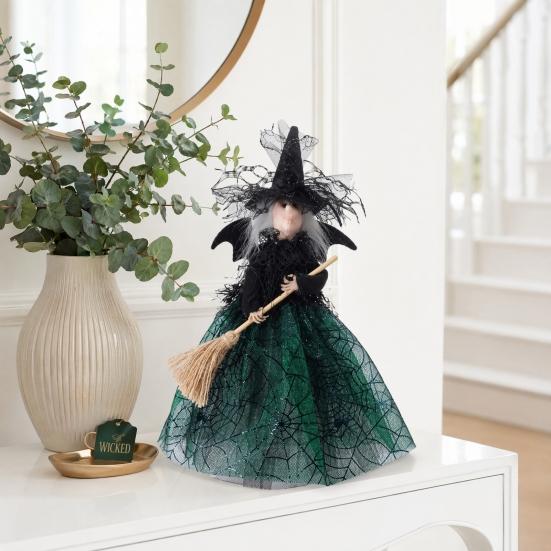 Halloween Witch Tree Topper Decoration Witch Holding Broom Ornament Witch with Mesh Spider