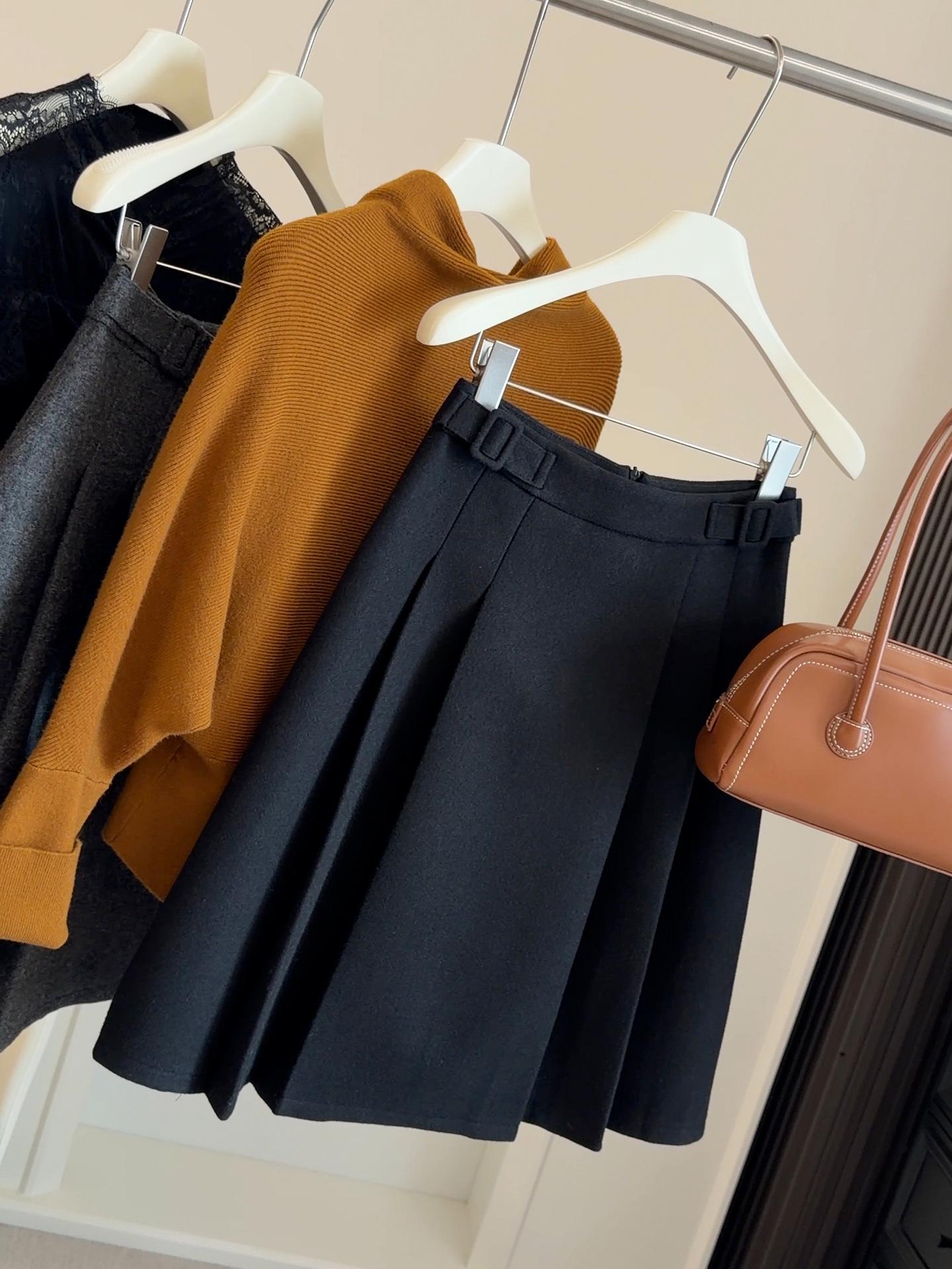 

High-Waisted Wool Pleated A-Line Midi Skirt – Women s Autumn/Winter Slimming Style with Back Zipper. Medium чёрный