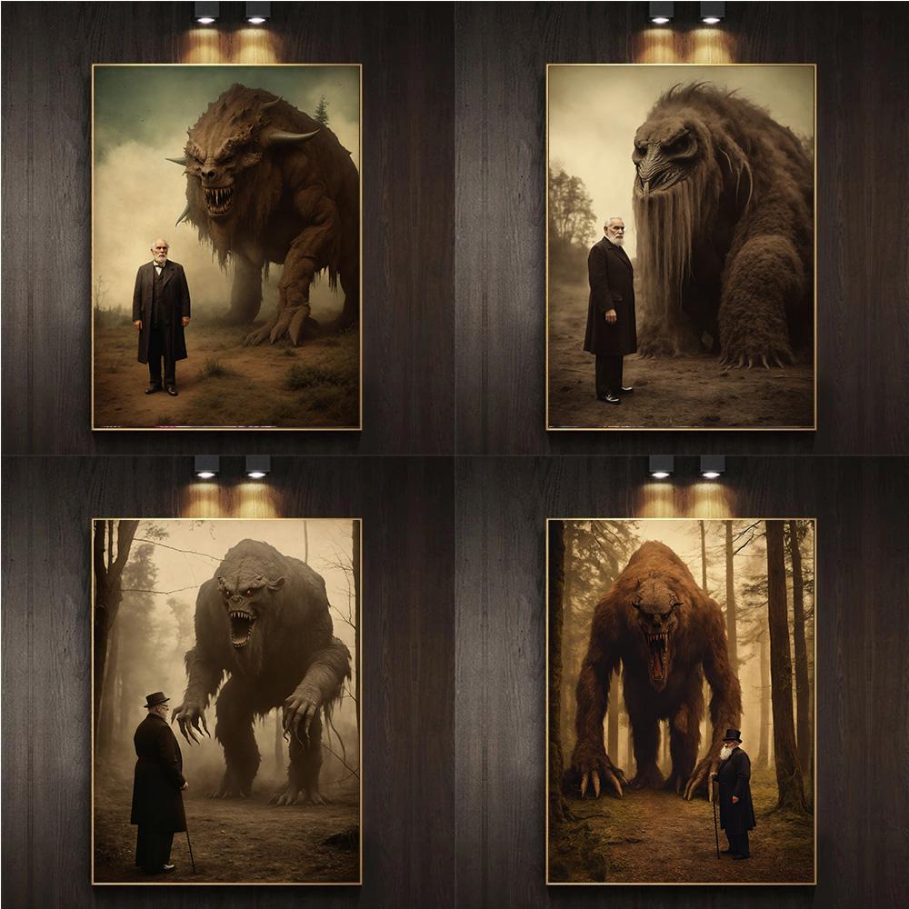 Old Vampire Man With Giant Monster Vintage Tabletop Photo Prints Poster Canvas Painting Wall Art Pictures Living Room Home Decor