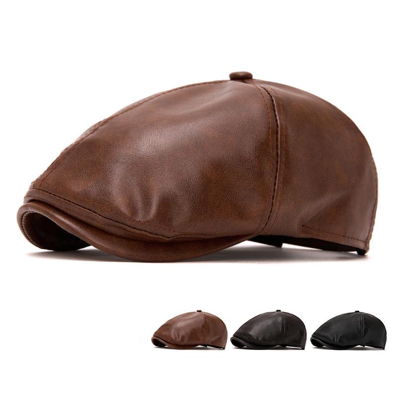 Autumn Winter Leather Warm Forward Hat Men's Vintage Paintsman Hat Beret Cap