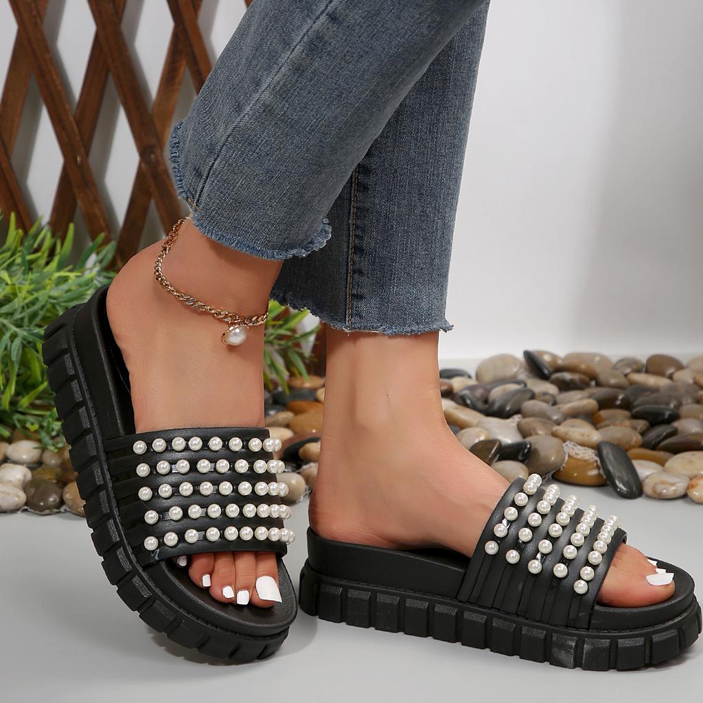 2025 new spring new pearl thick bottom new heightening sandals casual women's slippers