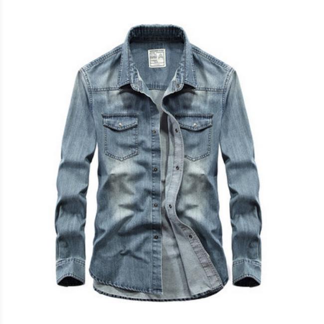 Spring and Autumn Denim Shirts, Men's Pure Cotton Casual Long Sleeved Shirts, Loose Fitting Men's Top