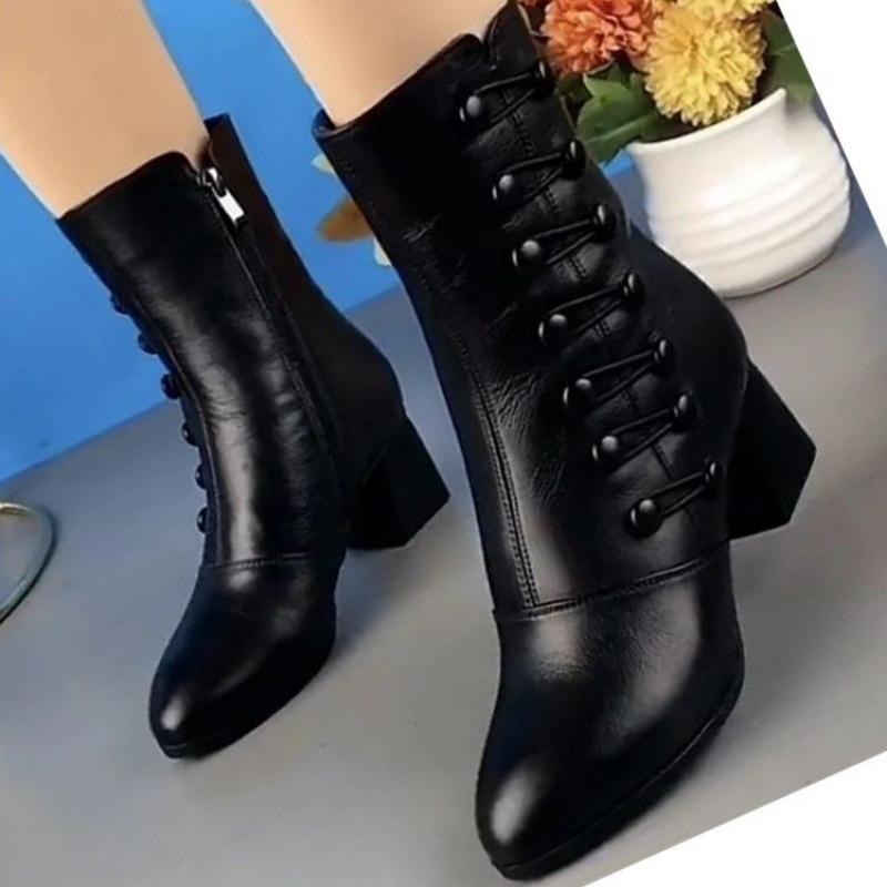 

Soft leather short boots women s autumn and winter fashion mid-heel mid-tube cotton shoes velvet soft-soled mother short boots fashion boots 35