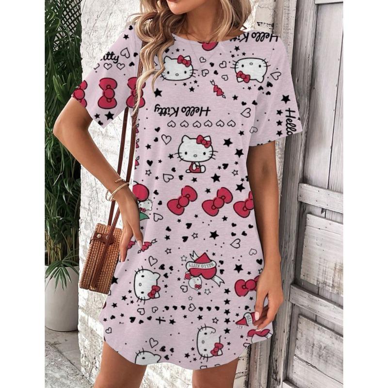 Mini Sukienka Elegancka Sukienka Damska Hello Kitty Okrągły Dekolt Krótki Rękaw Modna Lato 2025 Moda Seksowna