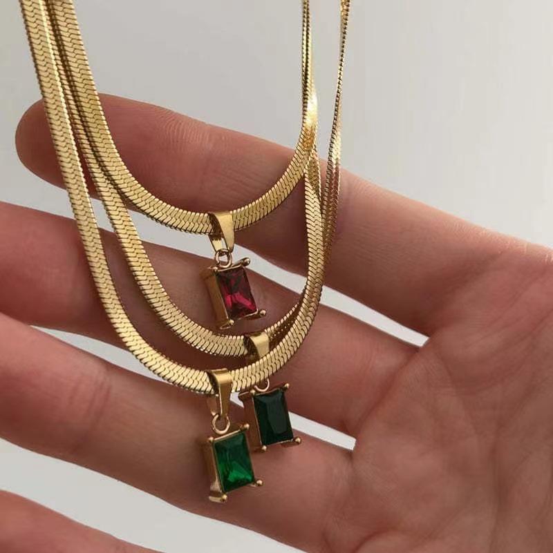 

18K Gold Geometric Square Zircon Necklace with Snake Chain and Diamond Pendant