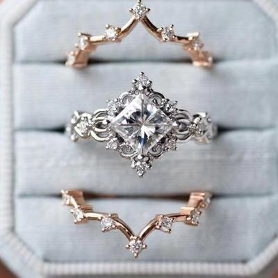 Schitterende Vierkante Geometrie koper Rose Goud Kleur Ringen voor Vrouwen Mode Metaal Ingelegd Witte Stenen Ring Set Sieraden