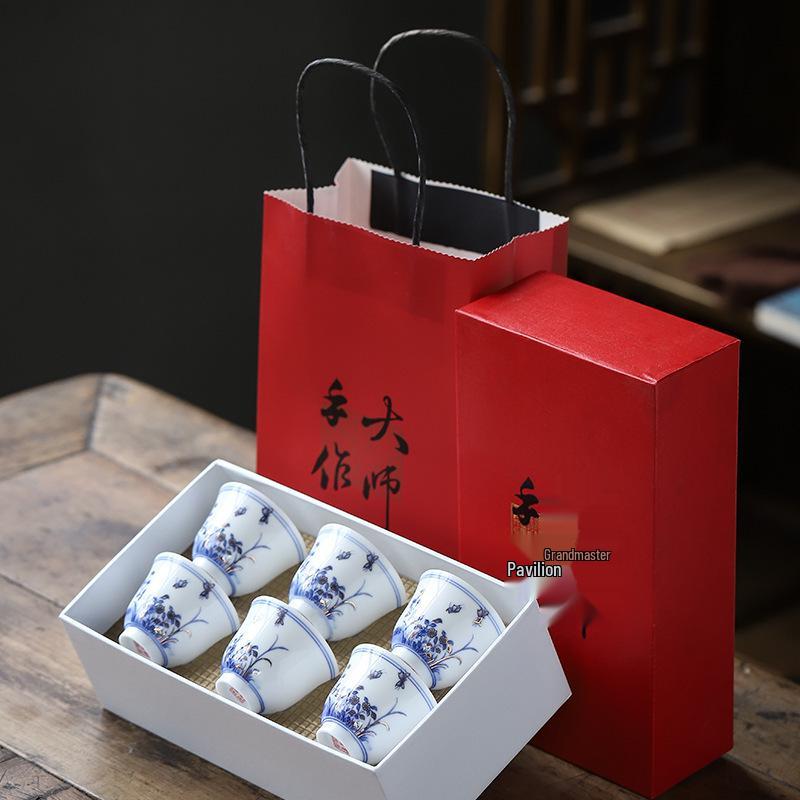 Sky Blue Gold-Accented Small Teacup Set for Home, Personalized Kung Fu Tea Tasting, Six-Cup Gift Box for Gifting.