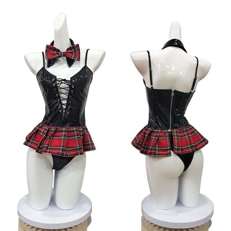 Sex underwear new patent leather straps temptation sex suit jk plaid skirt cos cosplay uniform fun