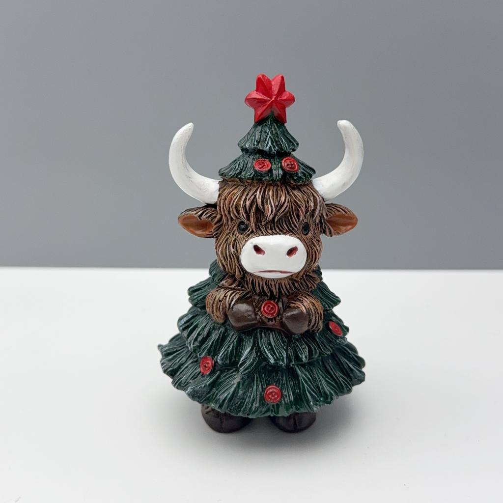 Festive Highland Cow Statue - Adorable resin decor with red berries & pine cones. Perfect holiday desk accent for Christmas! 