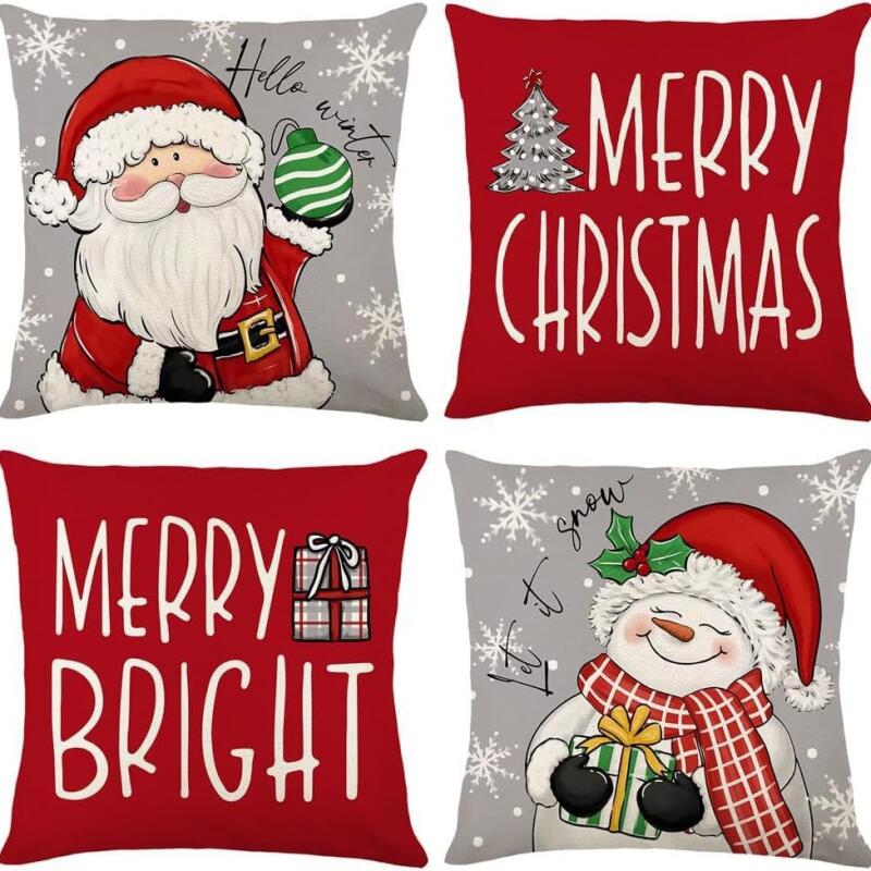 4 PC Reversible Christmas Pillow Covers Set - Santa Snowman Linen Blend Sofa Decor Festive Home Accents