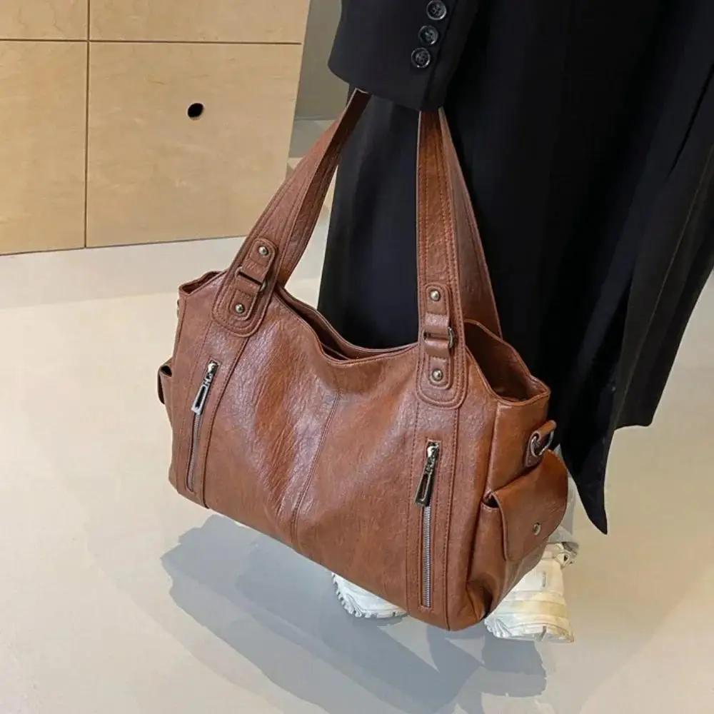 Vintage Women's Bag Multiple Pockets Secure Storage Soft Leather Tote Shoulder Bag For Women Commuting Bga